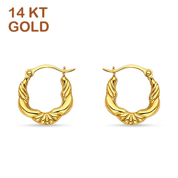 14K Yellow Gold 12mm Fancy French Lock Hallow Snap Closure Hoop Earrring Wholesale